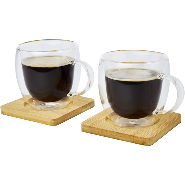 Tasse Manti 2 pièces en verre à double paroi de 250 ml avec sous-verre en bambou