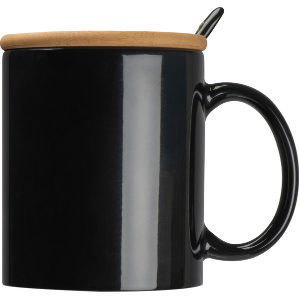 Ceramic mug with spoon and bamboo lid LOTHAR - Black