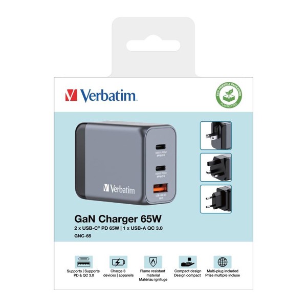 Verbatim GaN cestovní adaptér GNC-65, 2xUSB-C PD 65W