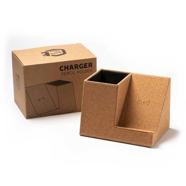 Portalápices cargador inalámbrico personalizado de corcho natural 10W con 2 puertos USB