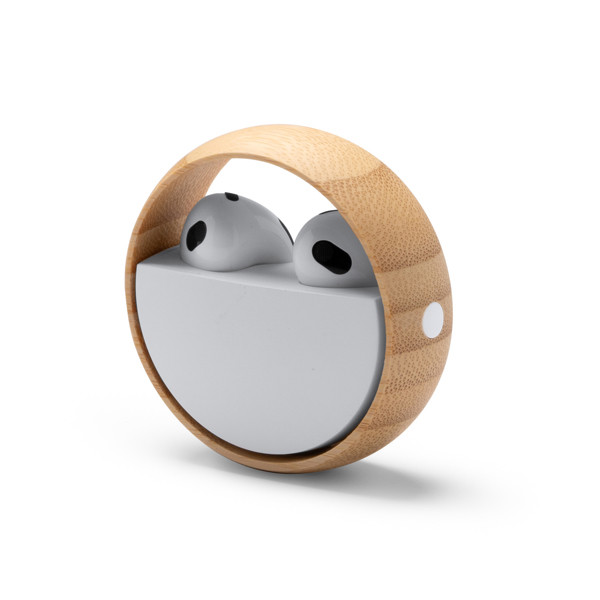 Personalized wireless earphones with recycled material case and bamboo ring