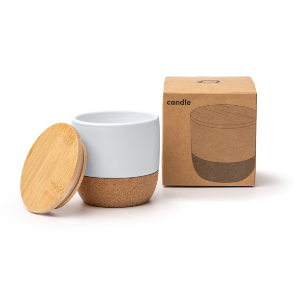 Vela aromática personalizada de cera vegetal en recipiente de cerámica con tapa de bambú