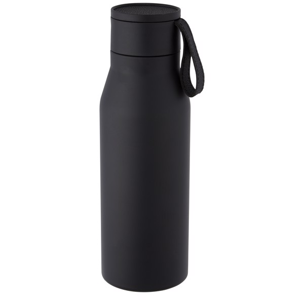 Ljungan 500 ml copper vacuum insulated stainless steel bottle with PU leather strap and lid - Black