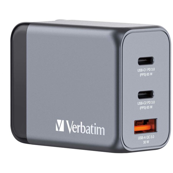 Verbatim GaN cestovný adaptér GNC-65, 2xUSB-C PD 65W, 1xUSB-A QC 3.0