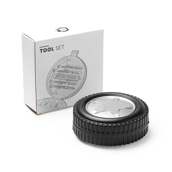 Personalised 20-piece tool set with wheel-shaped case