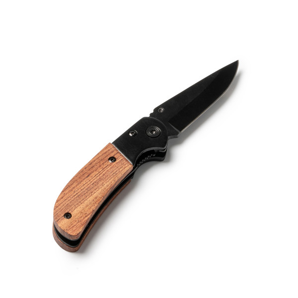 Navaja personalizada de acero inoxidable con hoja negra y empuñadura de madera natural