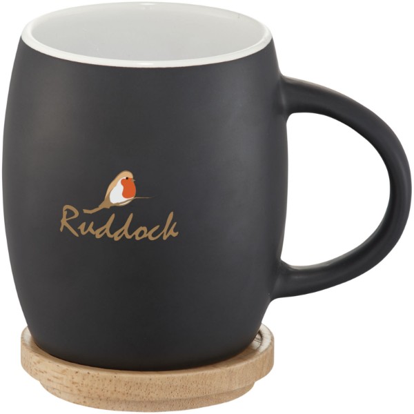 Tazza in ceramica Heart con coperchio in legno da 400 ml - Nero / Bianco