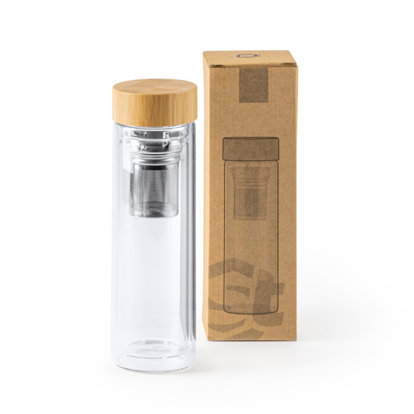 Personalised double-wall borosilicate glass bottle 420 ml with tea infuser and bamboo lid