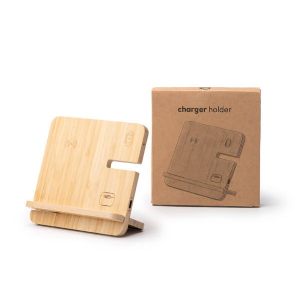 Soporte cargador inalámbrico 3 en 1 personalizado de bambú 15W
