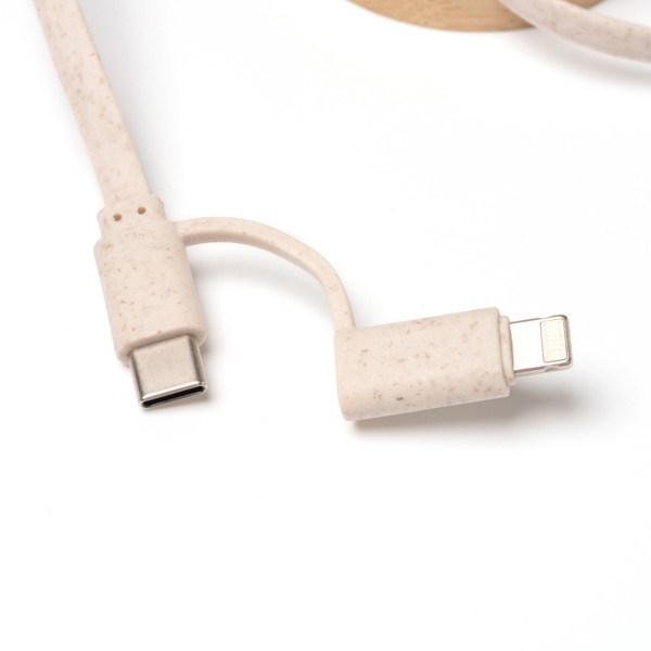 Personalised bamboo and wheat fibre charging cable with USB and type C input