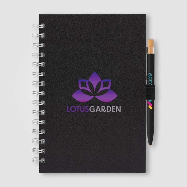 Set carnet Terra A5 à spirales, couverture rigide en carton de lait recyclé & stylo Reborn - Noir / Jet d’encre 4 couleurs