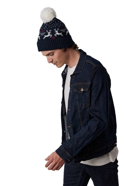Winter Beanie With Reindeer Design - Cherry Red / Natural