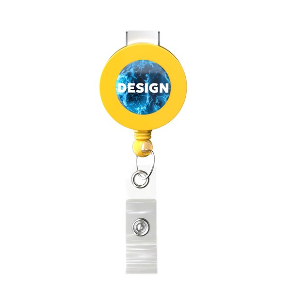 Carretel retrátil para crachás em formato redondo com logotipo de ⌀2cm - Cor integral / Girassol Amarelo / Bull dog clip
