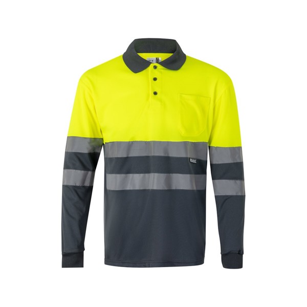 VL VULCAN. Polo bicolor bird-eye (160g/m²) de manga comprida, em poliéster (100%) - Cinzento / Amarelo / M