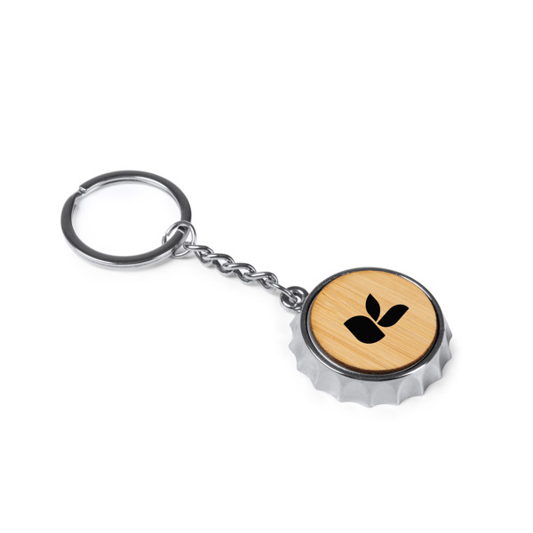 Personalised metal and bamboo bottle opener keyring with chrome finish