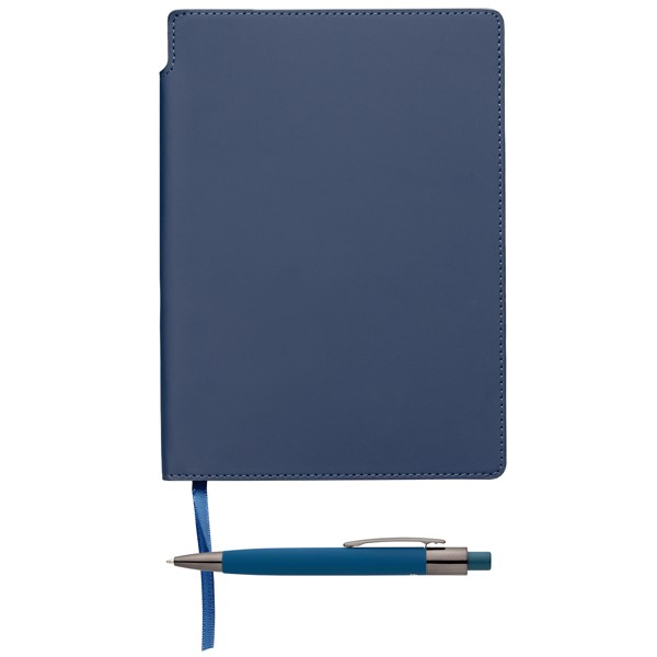 Carnet Malmö à couverture souple recyclée + stylo – A5 - Bleu marine / Jet d’encre 4 couleurs