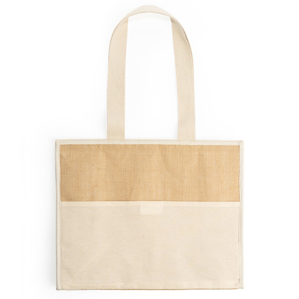 Bolsa nevera isotérmica personalizada de yute laminado 20 litros con bolsillo frontal