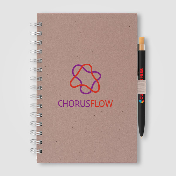 Set carnet Terra A5 à spirales, couverture rigide en carton de lait recyclé & stylo Reborn - Dune / Jet d’encre 4 couleurs