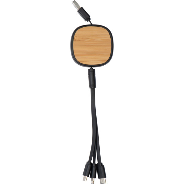 retractable charging cable with bamboo decoration JUDY - Black