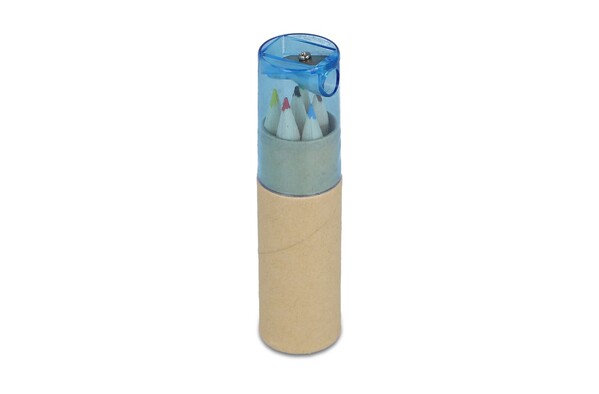 Crayons de couleur dans un tube en carton avec couvercle taille-crayon