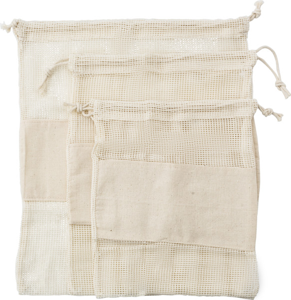 Conjunto de três sacos de malha de algodão reutilizáveis. Adele