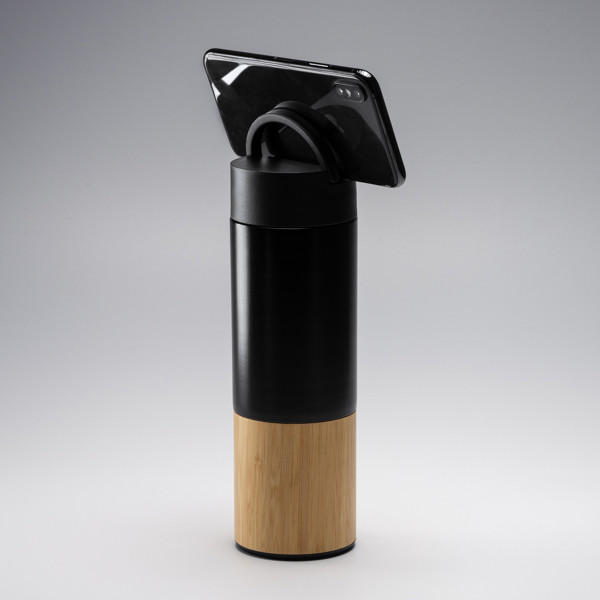 Personalized double-wall stainless steel thermal bottle with bamboo detail 450 ml