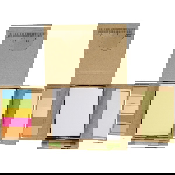 Memo holder, notebook, sticky notes, ball pen, ruler