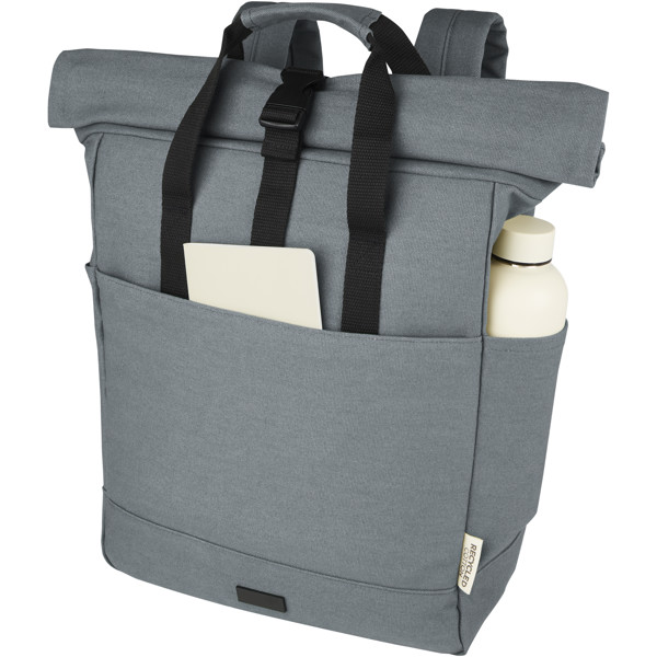 Sac à dos pour ordinateur portable Joey de 15 L en toile recyclée GRS 15 pouces avec dessus enroulable - Gris