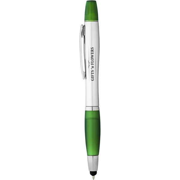 Stylo bille avec fonction stylet et surligneur Nash - Argent / Vert