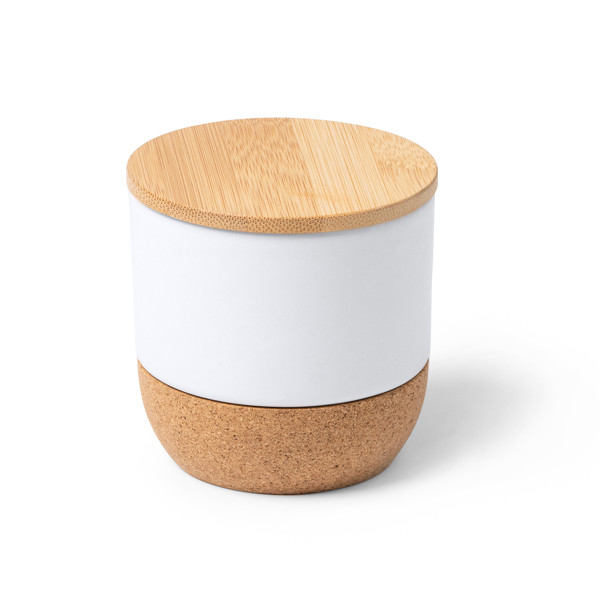 Vela aromática personalizada de cera vegetal en recipiente de cerámica con tapa de bambú
