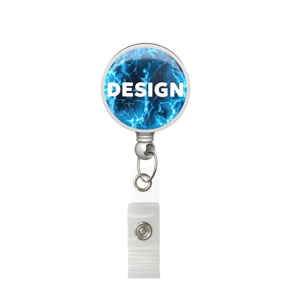 Retractable badge reel in round shape with ⌀2.8cm logo - White / Belt Clip