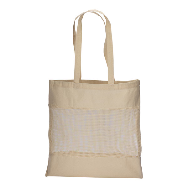 135 G/ M2 Natural Cotton Shopping Bag  With Net On The Central Part,  Long Handles