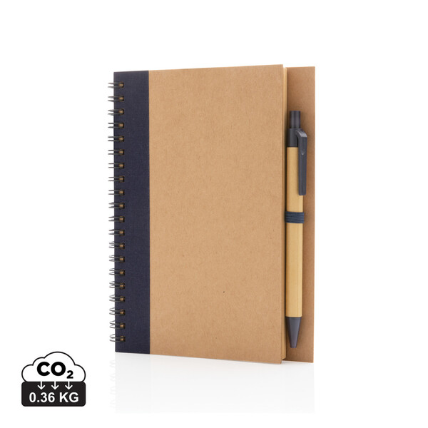 Kraft spiraal notitieboekje met pen - Blauw