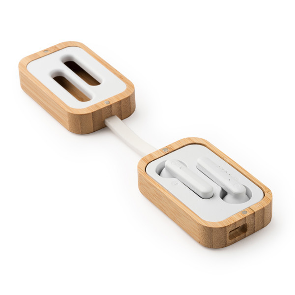 Personalized wireless earphones with bamboo charging case
