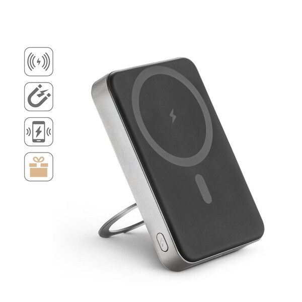 WARSHEL 10. Magnetski power bank kapaciteta 10'000 mAh s 15W superbrzim bežičnim punjačem, izrađen od recikliranog ABS-a (100 % rABS), s postoljem