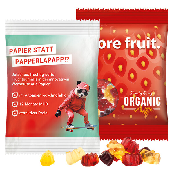 Mini bag 10g, recyclable PaperPlus Pro white, Trolli fruit juice jelly bears, 30 % fruit juice