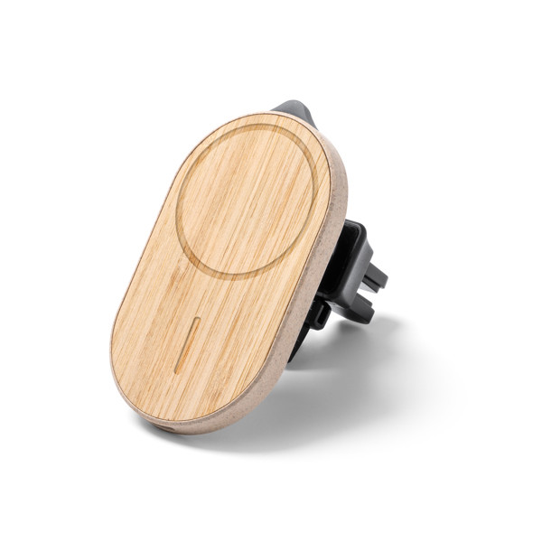 Soporte cargador de coche personalizado magnético inalámbrico de bambú y fibra de trigo con martillo de emergencia