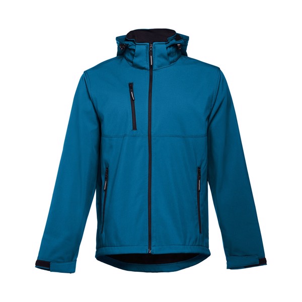 THC ZAGREB. Men's softshell jacket with detachable hood and rounded back hem - Petrol Blue / L