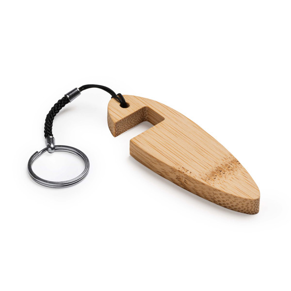 Personalised bamboo keyring with mobile phone stand