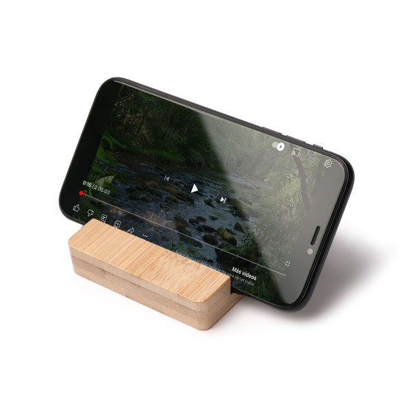 Personalised bamboo smartphone stand with anti-stress buttons