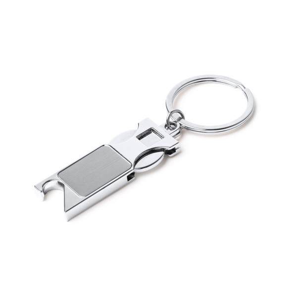 Personalised metal keyring with trolley coin and bottle opener