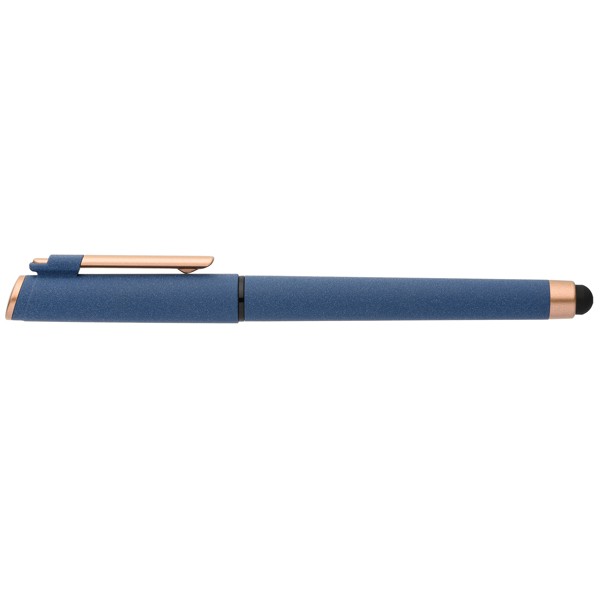 Stylo gel stylet York, plastique recyclé, finition bronze - Bleu marine / Jet d’encre 4 couleurs