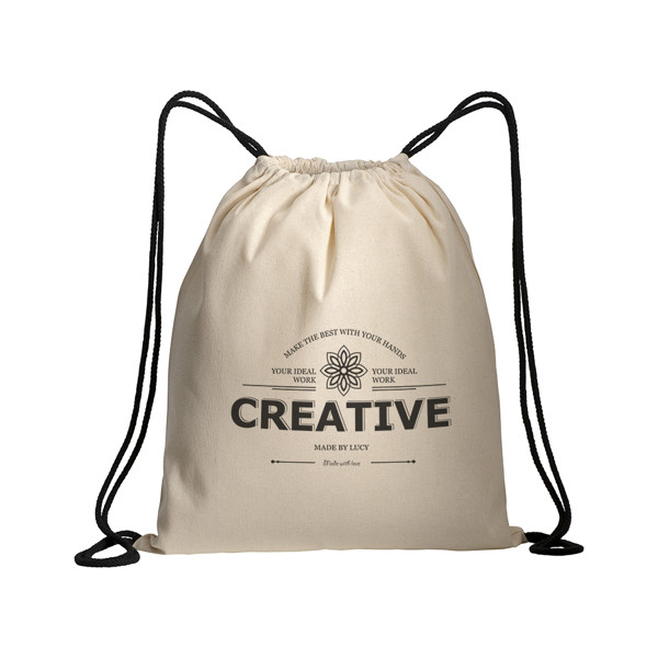 Natural Cotton Drawstring Backpack With Colored Corners - Black