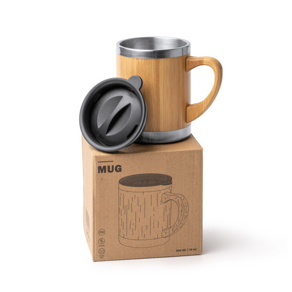 Personalised thermal mug in stainless steel and bamboo 340 ml with dosing lid