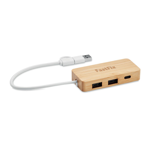 Hubbam bamboo USB hub, 3 vhodi, 20 cm kabel