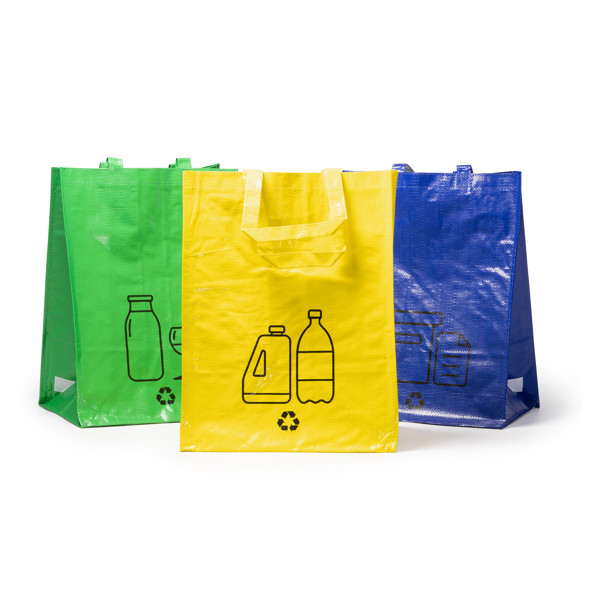 Set of 3 personalised recycling bags in PP-woven 35 litres with velcro and reinforced handles