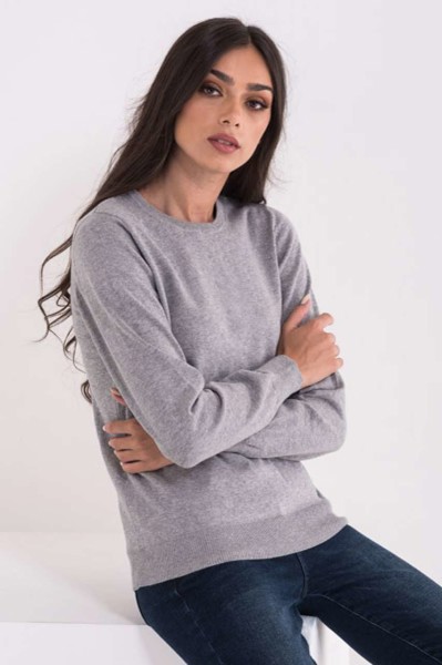 Ladies’ Crew Neck Fine Gauge Cotton Pullover - Light Melange Grey / L