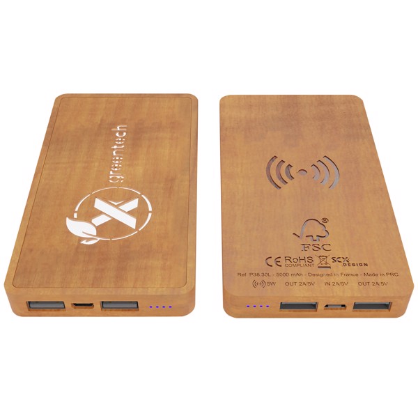 Power bank per ricarica wireless in legno da 5000 mAh con logo luminoso SCX.design P38