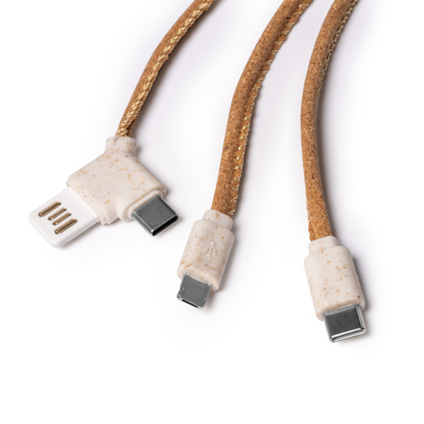 4-in-1 personalised charger cable in cork and wheat fibre with USB-C and Lightning connectors