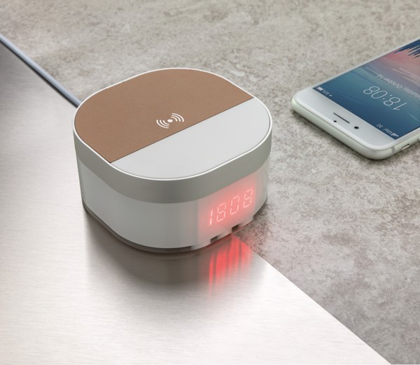 Aria digital clock, 5W wireless charger - White